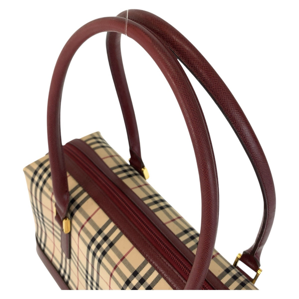 18937
BURBERRY バーバリー チェック柄 ベージュ ボルドー ゴールド金具 キャンバス / レザー ショルダーバッグ  レディース AB