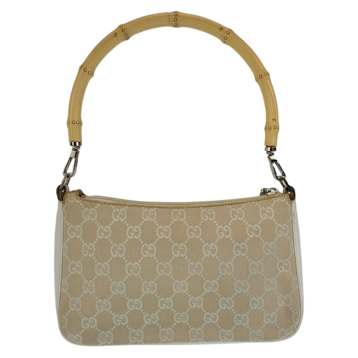 18943
GUCCI Gucci Bamboo White Beige Silver Hardware GG Canvas / Leather 001 3870 Shoulder Bag Handbag Accessory Pouch Ladies AB30