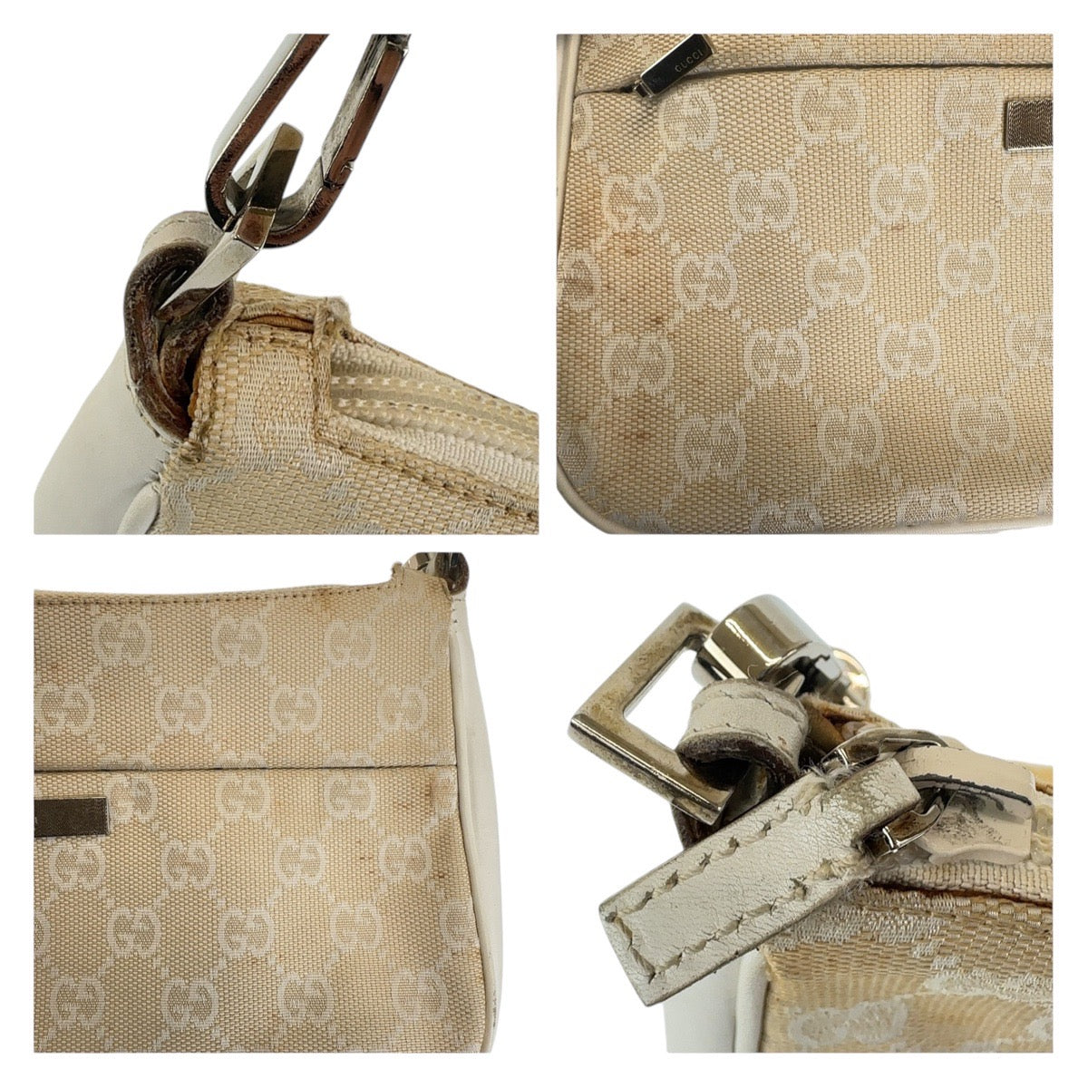 18943
GUCCI Gucci Bamboo White Beige Silver Hardware GG Canvas / Leather 001 3870 Shoulder Bag Handbag Accessory Pouch Ladies AB30