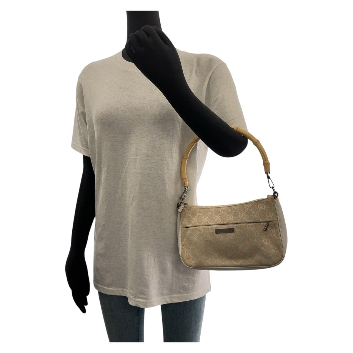 18943
GUCCI Gucci Bamboo White Beige Silver Hardware GG Canvas / Leather 001 3870 Shoulder Bag Handbag Accessory Pouch Ladies AB30