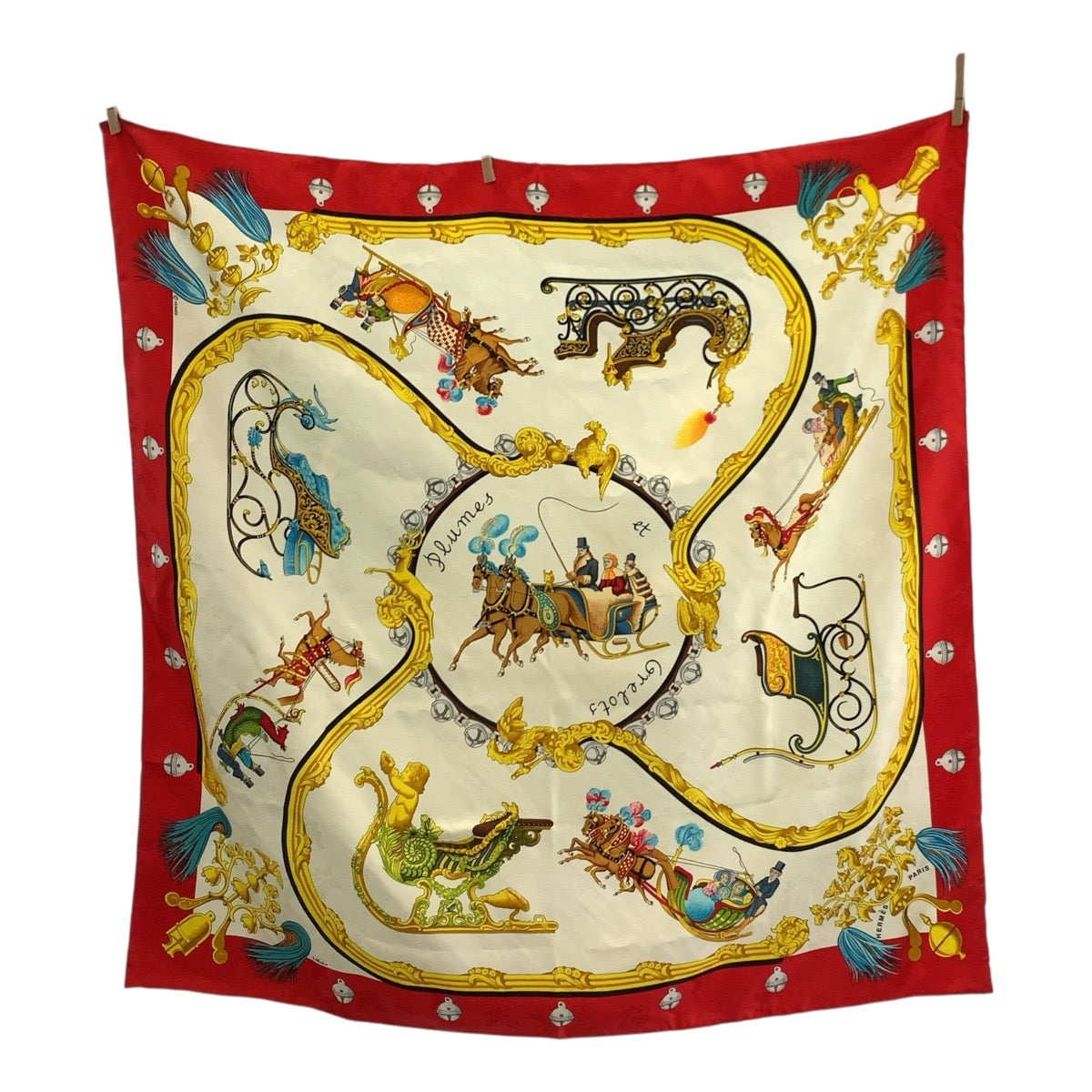 18951
HERMES PLUMES ET GRELOTS Carre 90 Red Ivory Silk Scarf Large Scarf Ladies ABP19