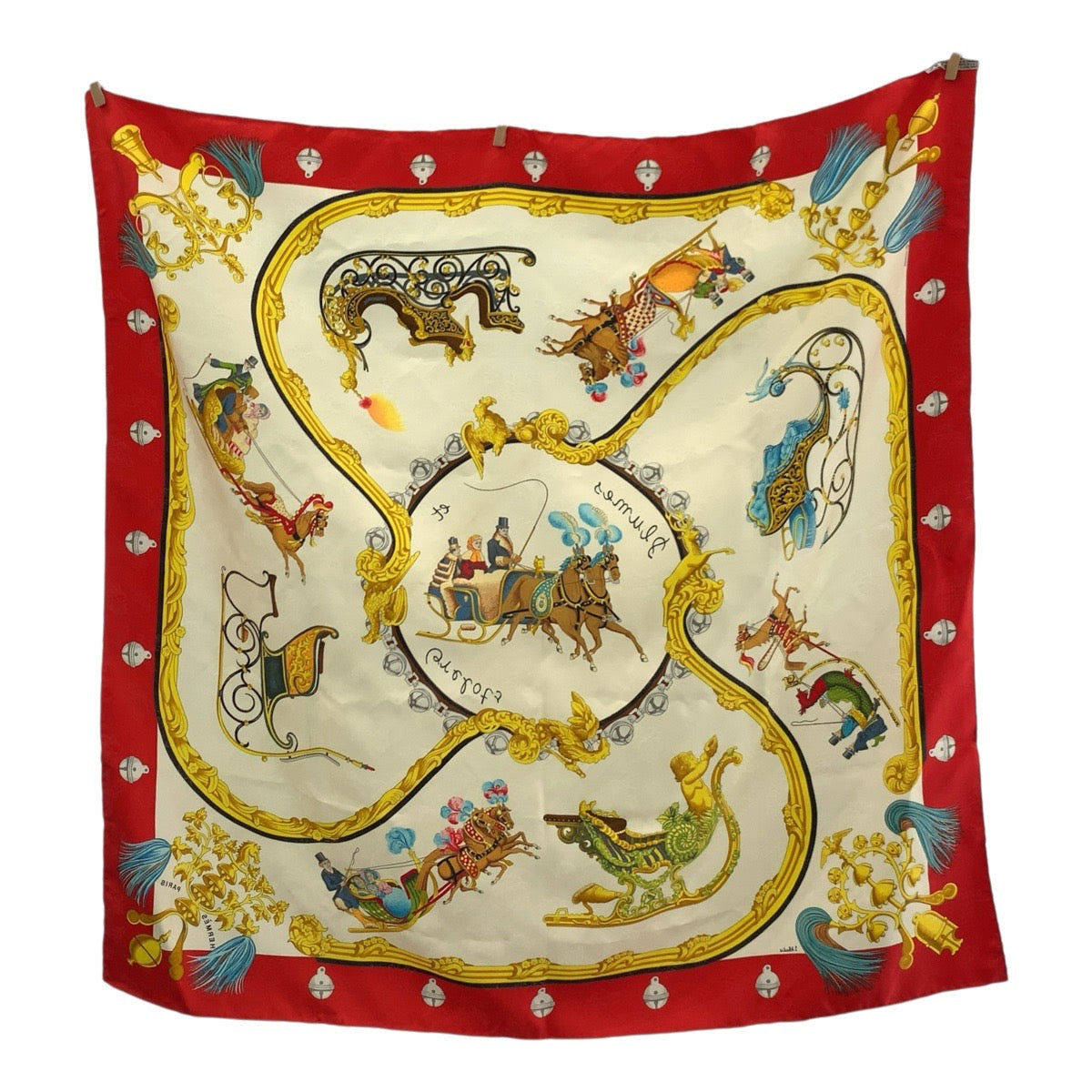 18951
HERMES PLUMES ET GRELOTS Carre 90 Red Ivory Silk Scarf Large Scarf Ladies ABP19