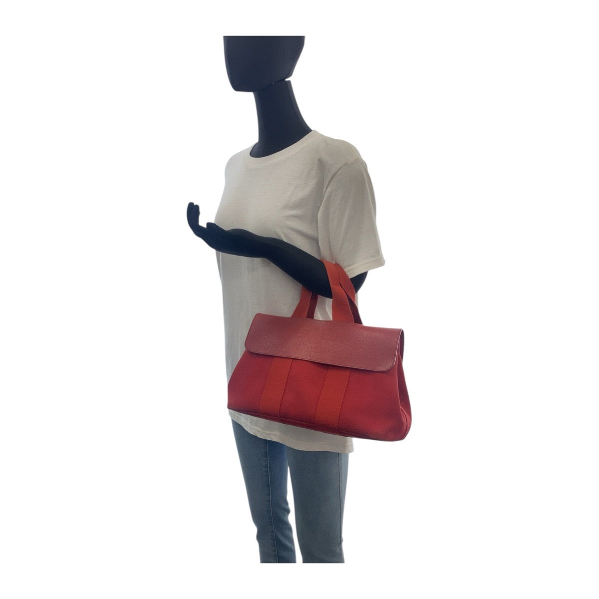 18957
HERMES エルメス ヴァルパライソPM レッド シルバー金具 キャンバス ハンドバッグ □J刻印  レディース AB48