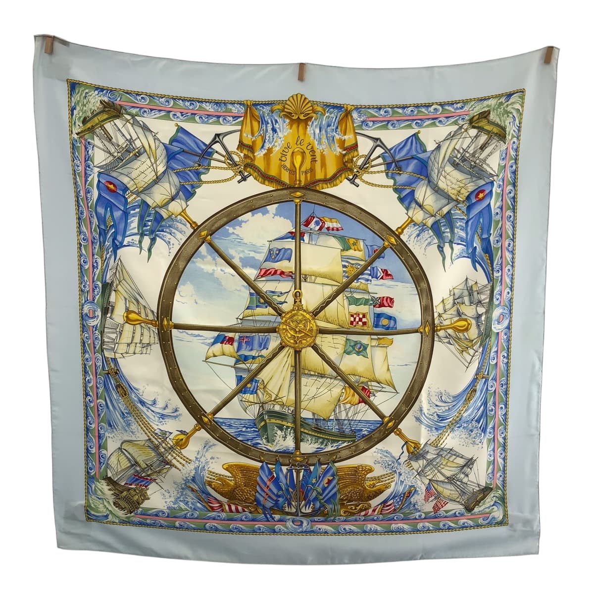 18958
HERMES エルメス カレ90 VIVE LE VENT ブルー マルチカラー シルク 大判スカーフ  レディース AB22