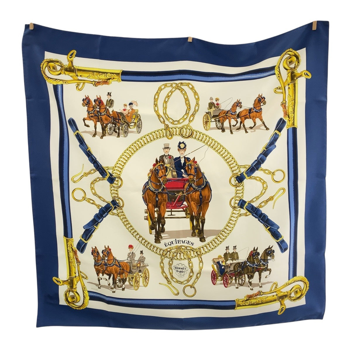 18960
HERMES エルメス カレ90 EQUIPAGES ブルー マルチカラー シルク スカーフ レディース AB19