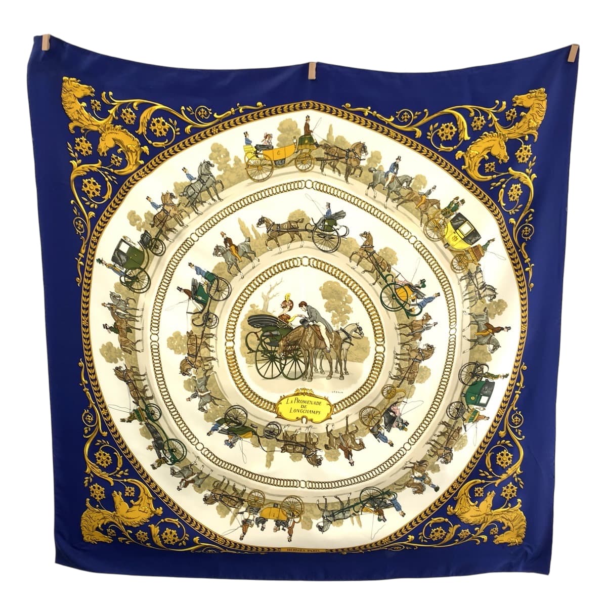 18961
HERMES エルメス カレ90 LA PROMENADE DE LONGCHAMPS ブルー マルチカラー シルク 大判スカーフ  レディース AB20