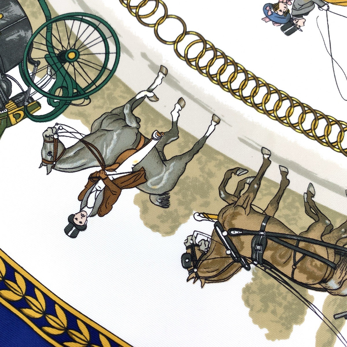 18961
HERMES エルメス カレ90 LA PROMENADE DE LONGCHAMPS ブルー マルチカラー シルク 大判スカーフ  レディース AB20