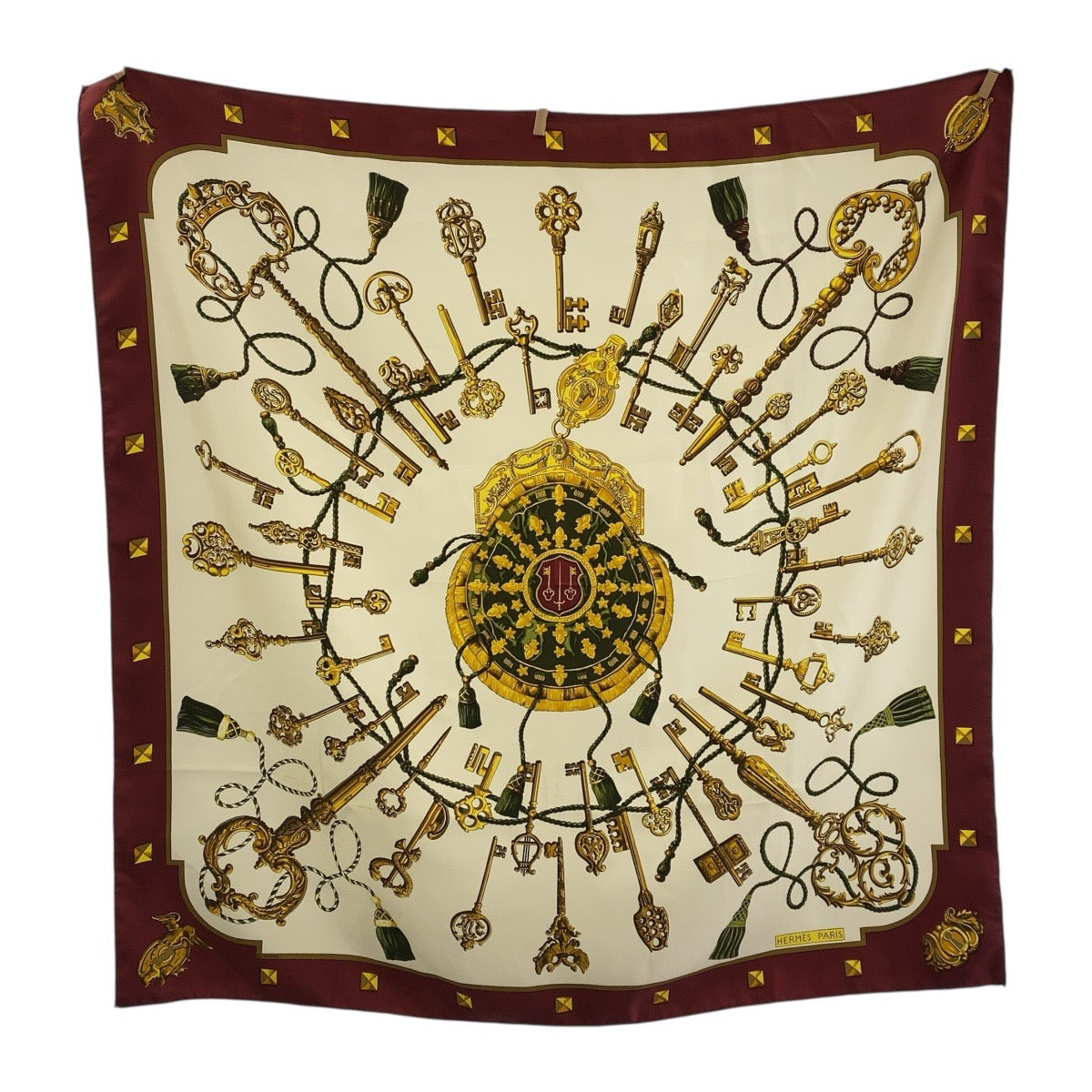18964
HERMES エルメス カレ90 LESCLES ゴールド マルチカラー シルク スカーフ レディース AB19