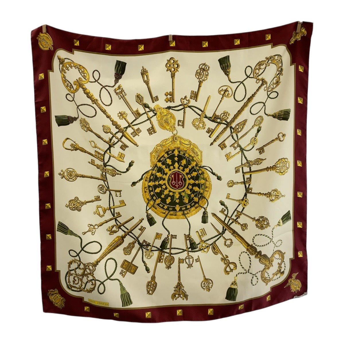 18964
HERMES エルメス カレ90 LESCLES ゴールド マルチカラー シルク スカーフ レディース AB19