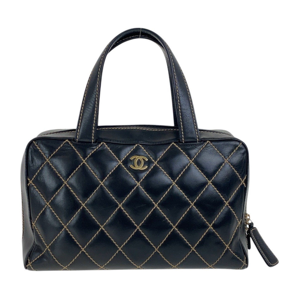18967
CHANEL シャネル ヴィンテージ ワイルドステッチ ココマーク ブラック 黒 ゴールド金具 レザー ハンドバッグ ミニボストンバッグ レディース AB128