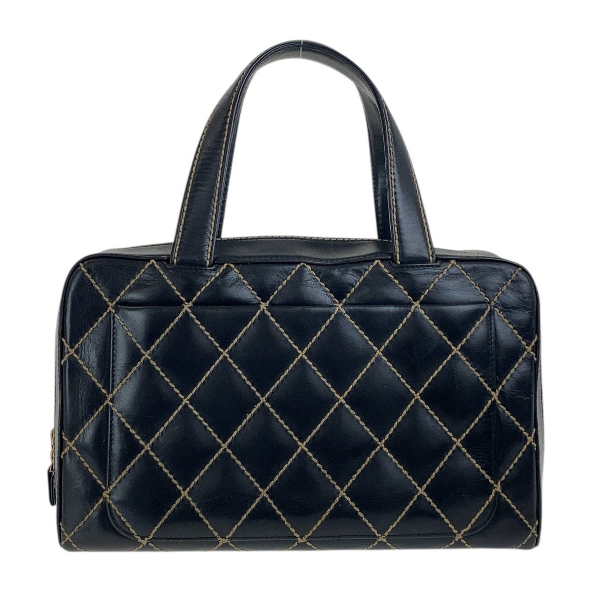 18967
CHANEL シャネル ヴィンテージ ワイルドステッチ ココマーク ブラック 黒 ゴールド金具 レザー ハンドバッグ ミニボストンバッグ レディース AB128