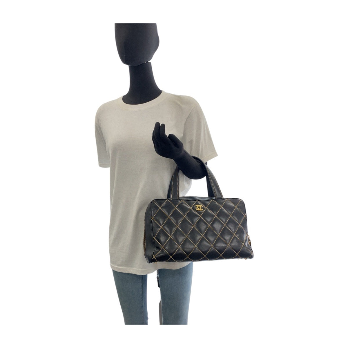 18967
CHANEL シャネル ヴィンテージ ワイルドステッチ ココマーク ブラック 黒 ゴールド金具 レザー ハンドバッグ ミニボストンバッグ レディース AB128