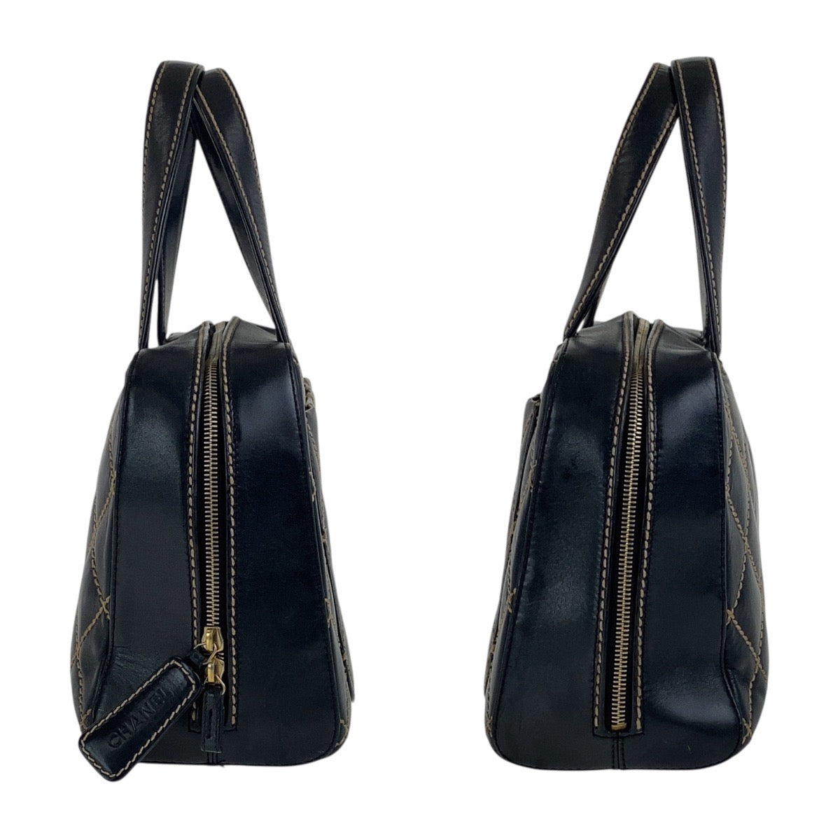 18967
CHANEL シャネル ヴィンテージ ワイルドステッチ ココマーク ブラック 黒 ゴールド金具 レザー ハンドバッグ ミニボストンバッグ レディース AB128
