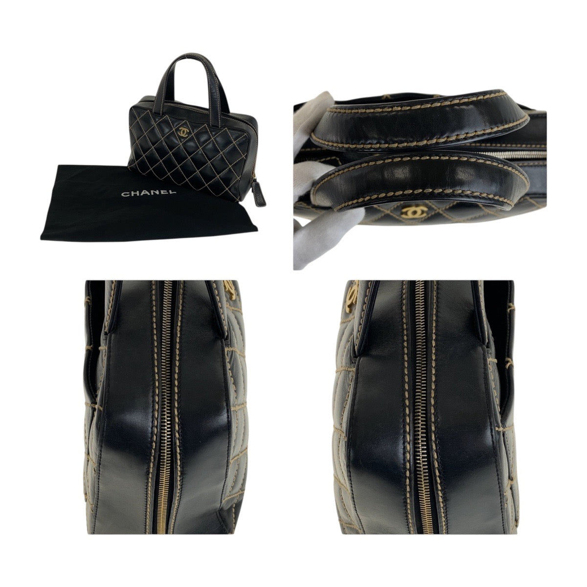 18967
CHANEL シャネル ヴィンテージ ワイルドステッチ ココマーク ブラック 黒 ゴールド金具 レザー ハンドバッグ ミニボストンバッグ レディース AB128