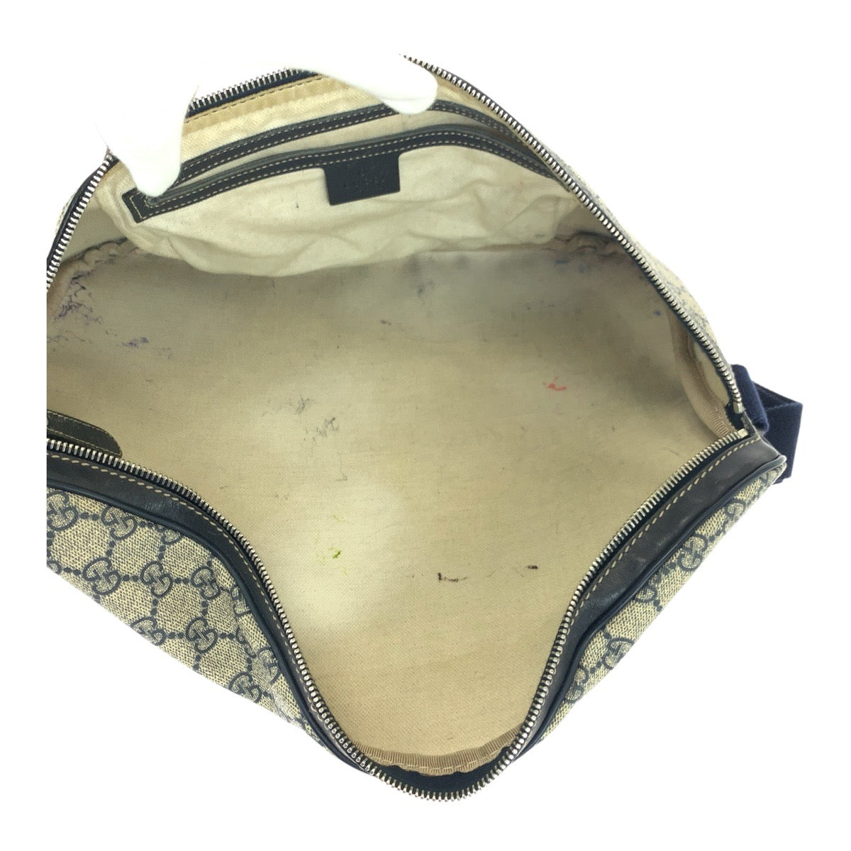 18972
GUCCI グッチ ベージュ ネイビー シルバー金具 GGスプリームキャンバス 211110 ショルダーバッグ バムバッグ ボディバッグ メンズ AB50