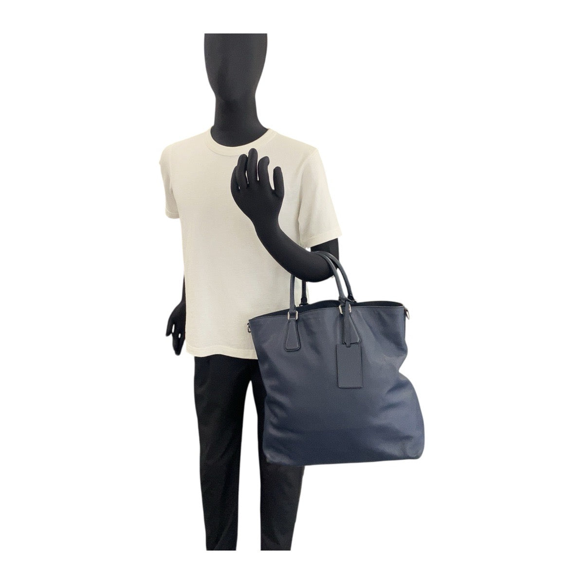 18979
PRADA プラダ サフィアーノ 三角ロゴプレート ネイビー シルバー金具 レザー 7B トートバッグ ハンドバッグ  メンズ ABP50
