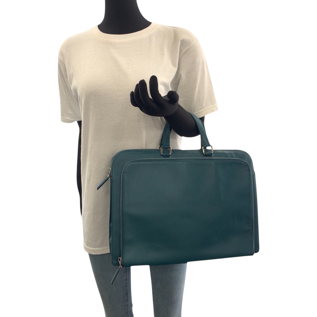 18985
PRADA プラダ サフィアーノ 三角ロゴプレート グリーン シルバー金具 レザー ビジネスバッグ ハンドバッグ レディース ABP59