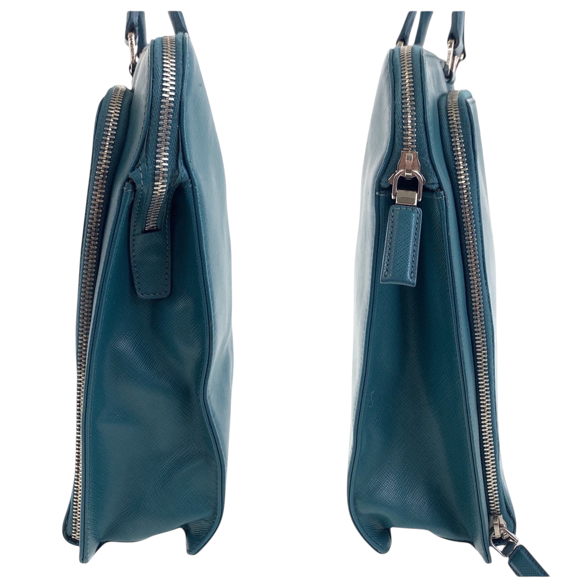 18985
PRADA プラダ サフィアーノ 三角ロゴプレート グリーン シルバー金具 レザー ビジネスバッグ ハンドバッグ レディース ABP59