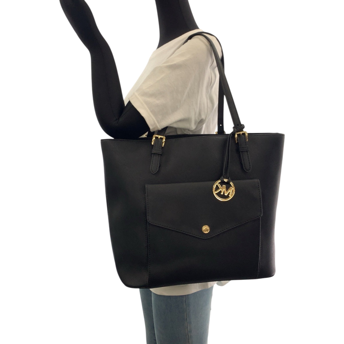 19012
Michael Kors マイケルコース JET SET ブラック 黒xゴールド金具 PVC トートバッグ ショルダーバッグ  レディース AB8