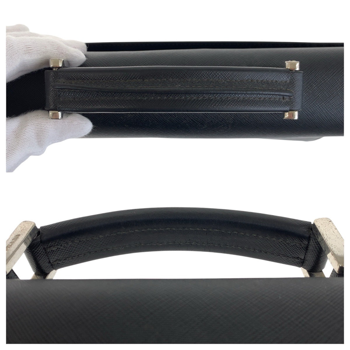 19019
PRADA プラダ サフィアーノ ブラック 黒 シルバー金具 レザー ビジネスバッグ ブリーフケース  メンズ AB42