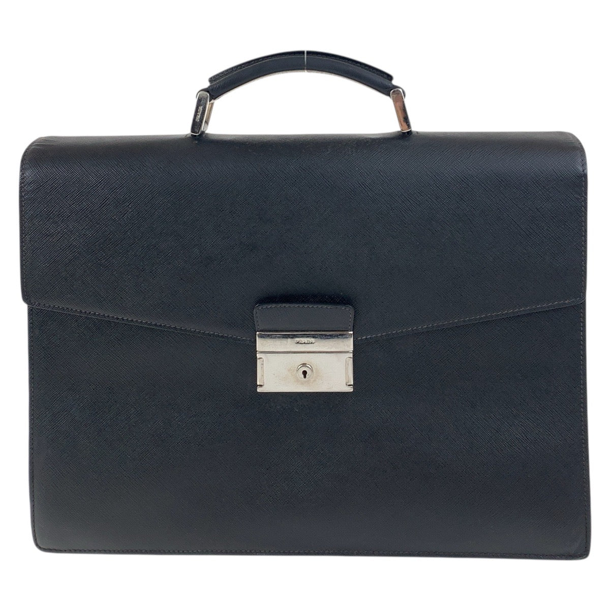19019
PRADA プラダ サフィアーノ ブラック 黒 シルバー金具 レザー ビジネスバッグ ブリーフケース  メンズ AB42