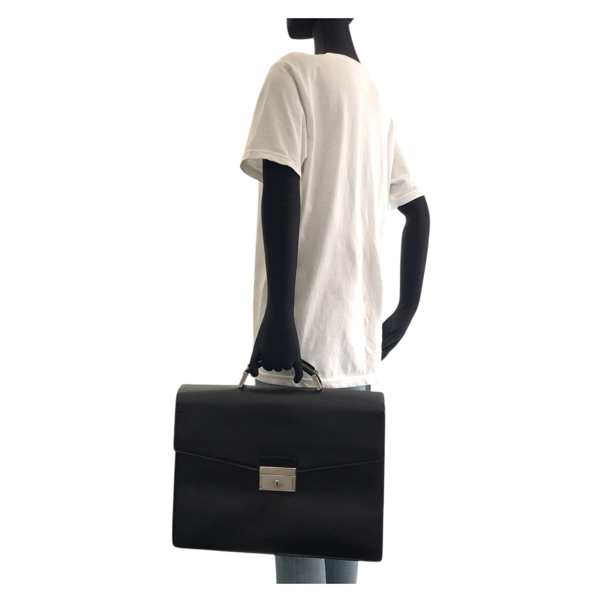 19019
PRADA プラダ サフィアーノ ブラック 黒 シルバー金具 レザー ビジネスバッグ ブリーフケース  メンズ AB42