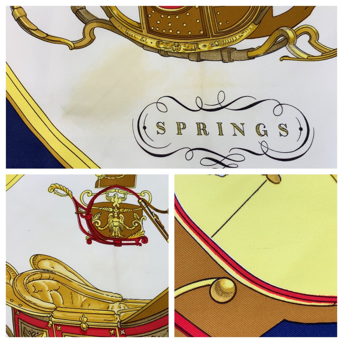 19045
HERMES エルメス SPRINGS カレ90 ネイビー マルチカラー シルク スカーフ 大判スカーフ レディース AB16