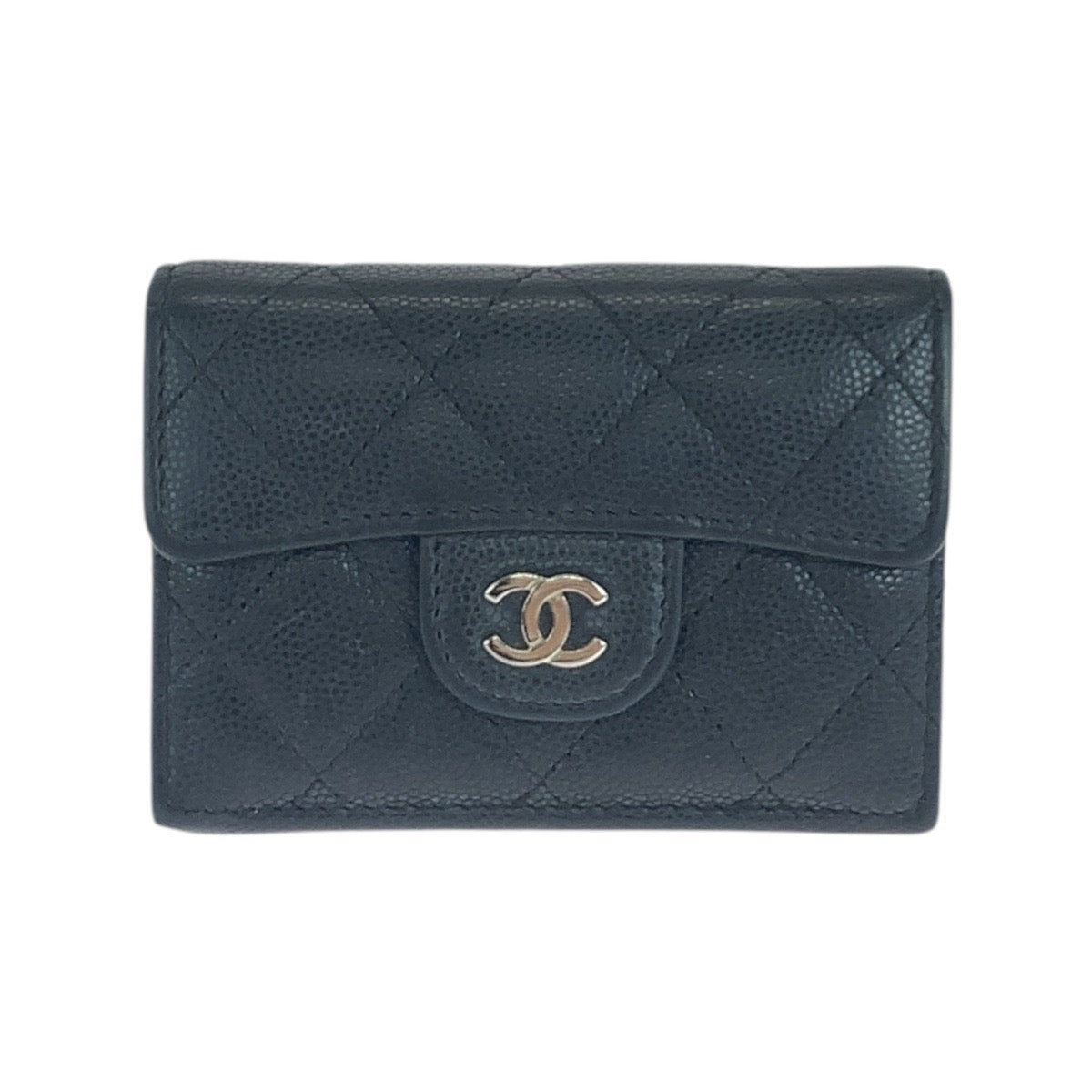 19050
CHANEL シャネル マトラッセ ココマーク ブラック 黒 ゴールド金具 ラムスキン 折財布　コンパクトウォレット レディース ABP68