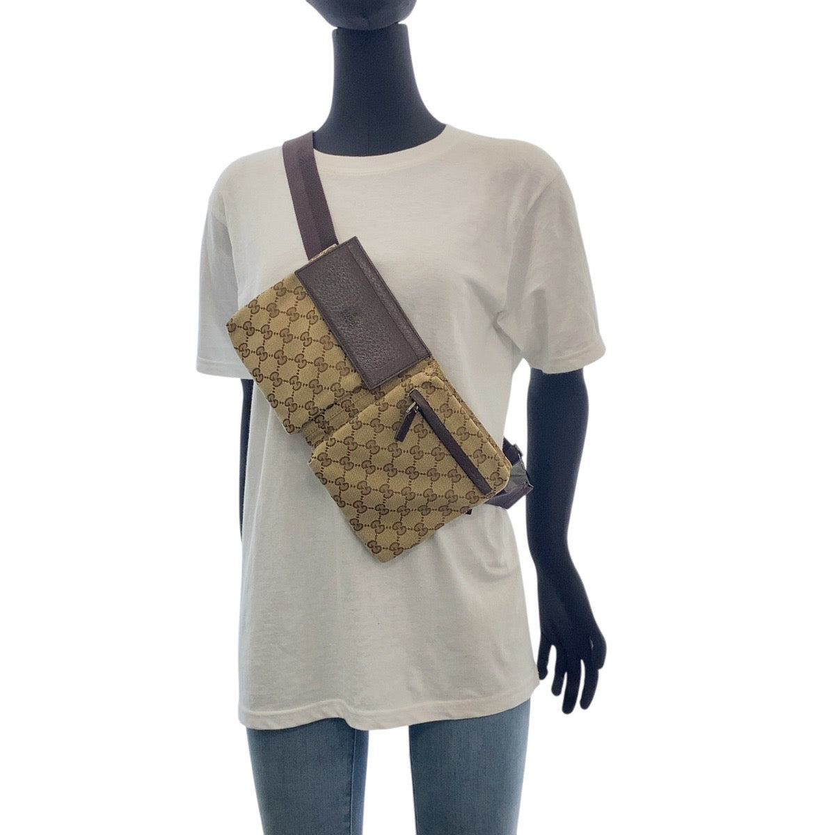 19058
GUCCI グッチ ベージュ ブラウン シルバー金具 GGキャンバス / レザー 28566 ボディバッグ ウエストポーチ 男女兼用  メンズ A46