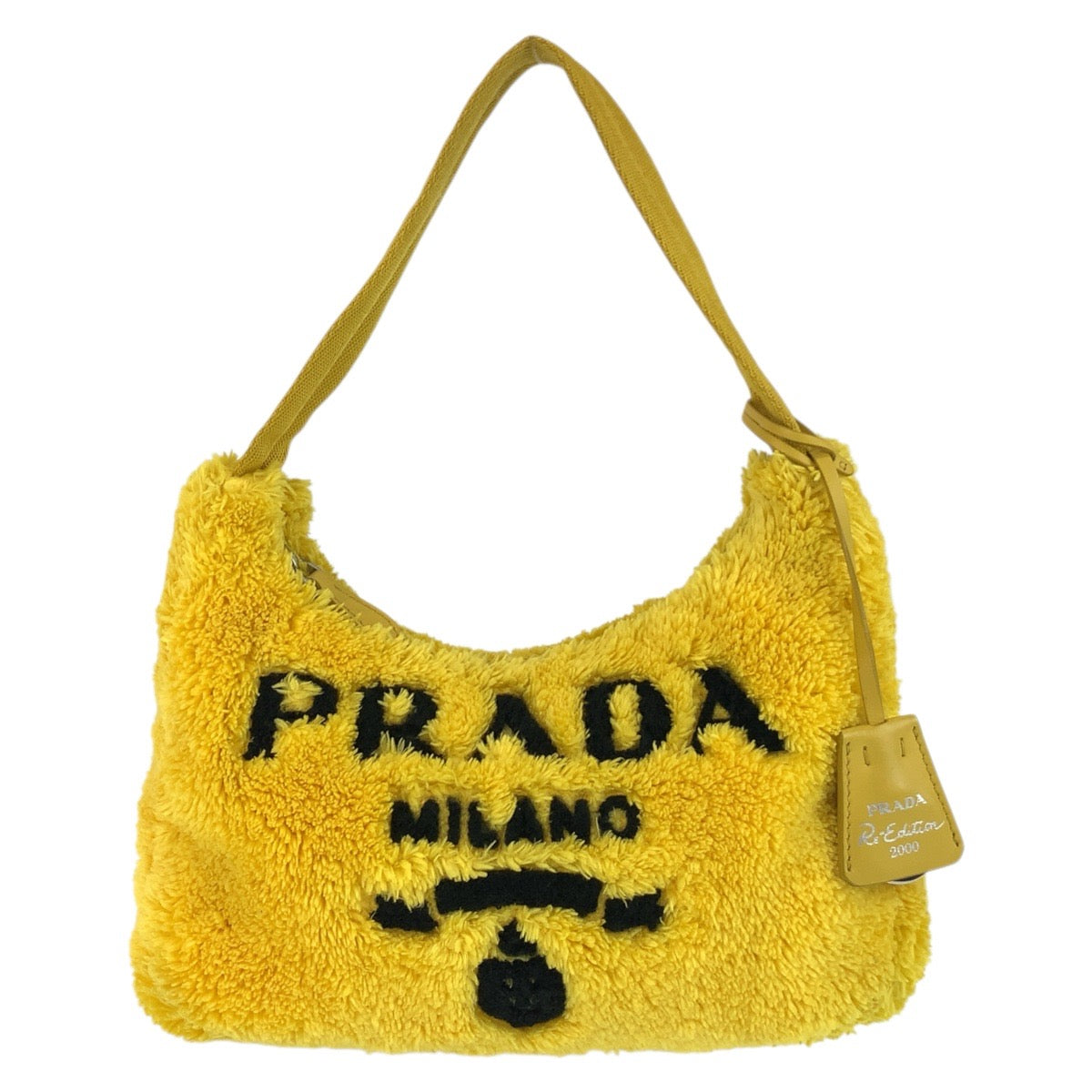 19061
PRADA プラダ ホーボー 三角ロゴプレート テリークロス ミニバッグ イエロー ブラック シルバー金具 ファブリック ハンドバッグ アクセサリーポーチ  レディース A82