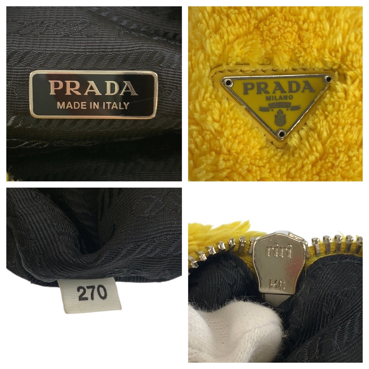 19061
PRADA プラダ ホーボー 三角ロゴプレート テリークロス ミニバッグ イエロー ブラック シルバー金具 ファブリック ハンドバッグ アクセサリーポーチ  レディース A82