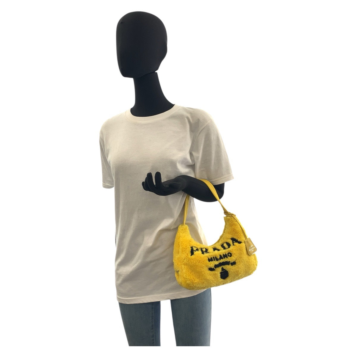 19061
PRADA プラダ ホーボー 三角ロゴプレート テリークロス ミニバッグ イエロー ブラック シルバー金具 ファブリック ハンドバッグ アクセサリーポーチ  レディース A82