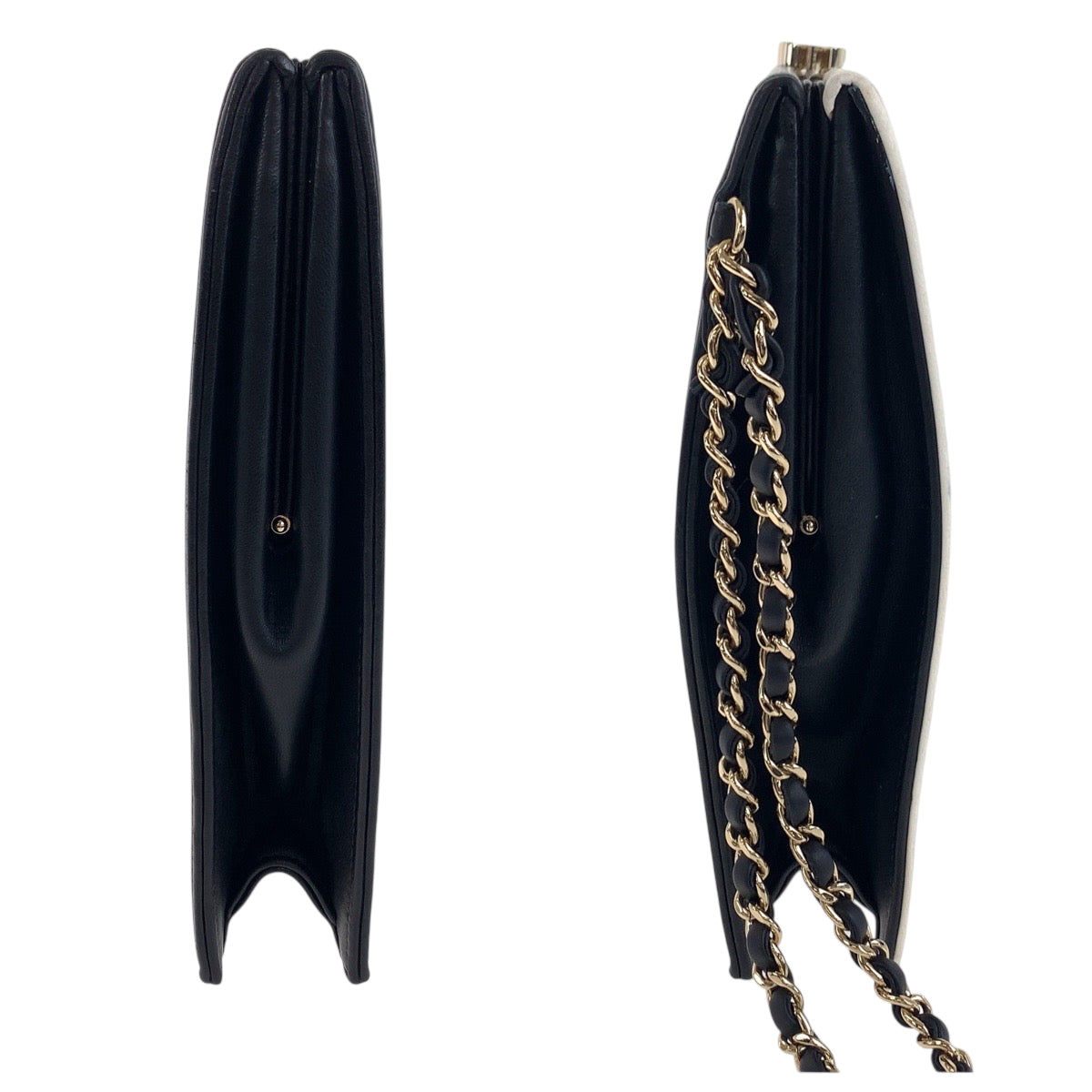 19065
CHANEL シャネル ココマーク ホワイト ブラック ゴールド金具 ラムスキン クラッチバッグ セカンドバッグ レディース A340