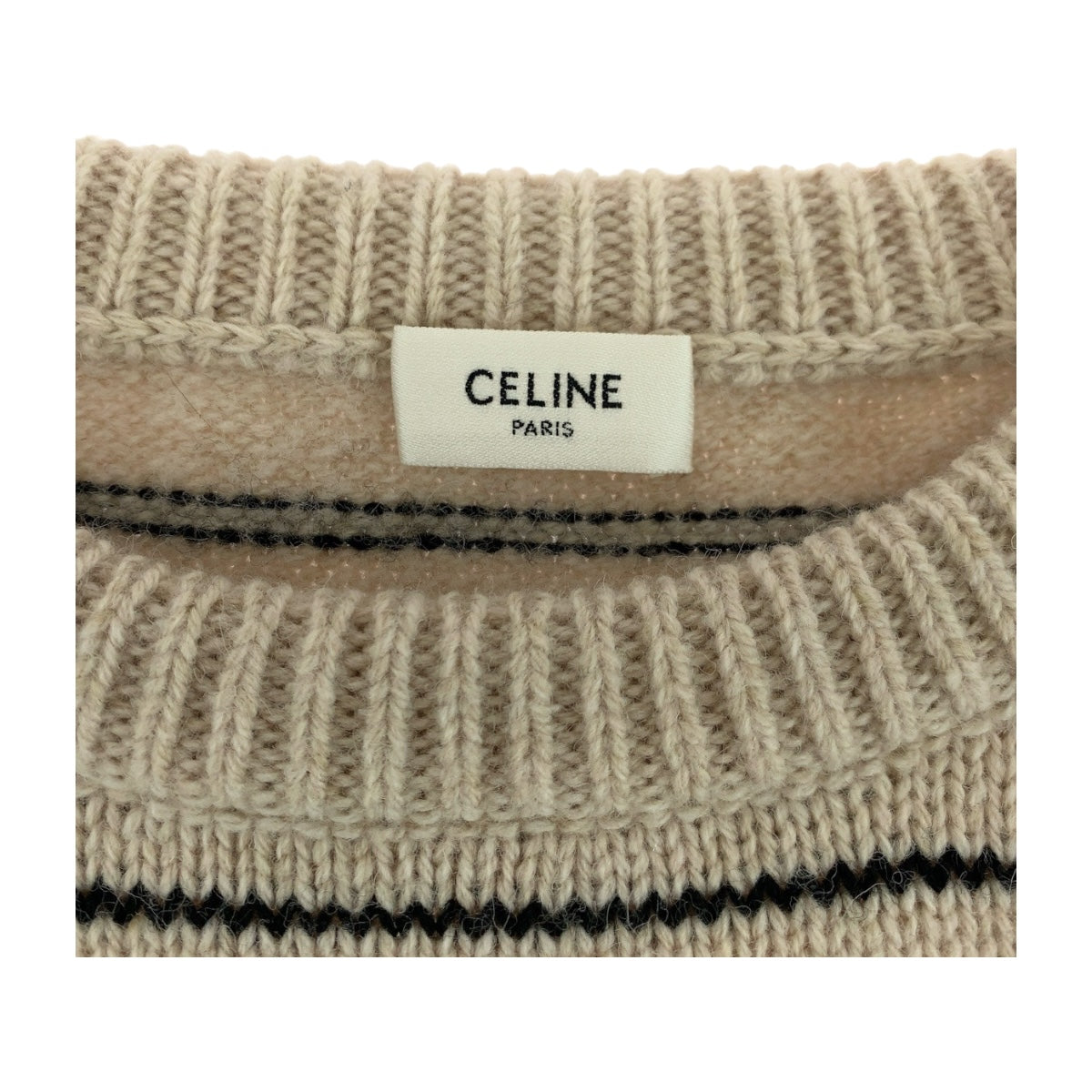 19068
CELINE セリーヌ トリオンフ 刺繍ボーダーニット サイズL ベージュ ブラック ウール 2AE4F896T ニット クルーネック セーター メンズ SA100