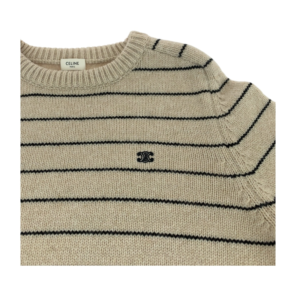 19068
CELINE セリーヌ トリオンフ 刺繍ボーダーニット サイズL ベージュ ブラック ウール 2AE4F896T ニット クルーネック セーター メンズ SA100