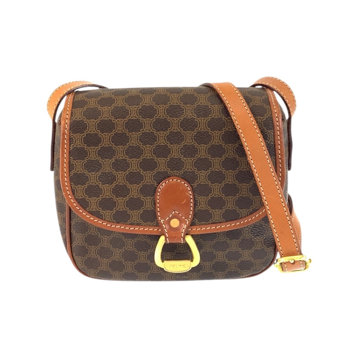 19077
CELINE セリーヌ ヴィンテージ マカダム ブラウン ゴールド金具 PVC / レザー MO7 ショルダーバッグ ポシェット レディース ABP28