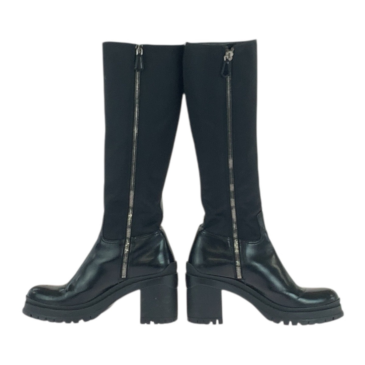 19079
PRADA プラダ テスート 三角ロゴプレート ブラック 黒 シルバー金具 ナイロン / レザー ロングブーツ  レディース ABP86