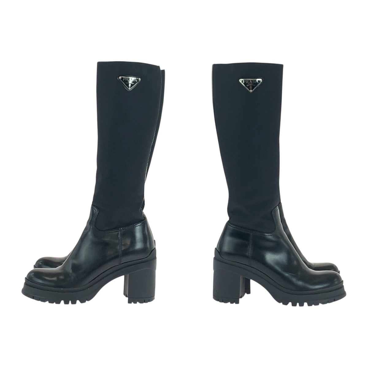 19079
PRADA プラダ テスート 三角ロゴプレート ブラック 黒 シルバー金具 ナイロン / レザー ロングブーツ  レディース ABP86