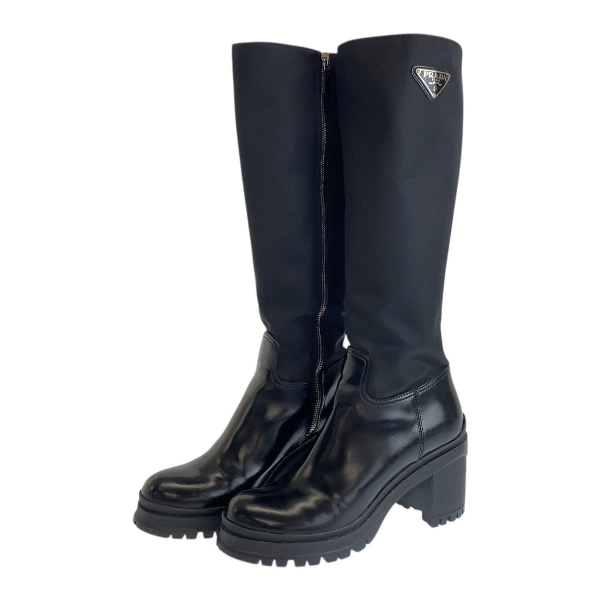 19079
PRADA プラダ テスート 三角ロゴプレート ブラック 黒 シルバー金具 ナイロン / レザー ロングブーツ  レディース ABP86