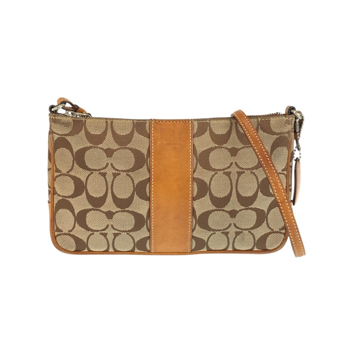 19087
COACH コーチ シグネチャー スリムデミジップ ベージュ キャメル シルバー金具 キャンバス / レザー 6338 ショルダーバッグ ポシェット レディース AB8