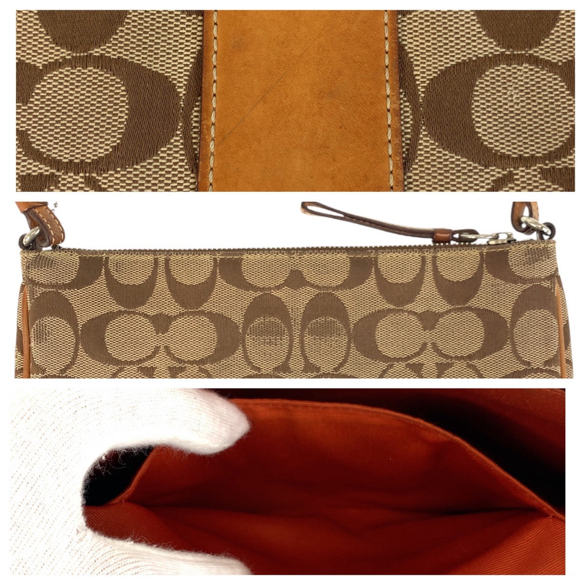19087
COACH コーチ シグネチャー スリムデミジップ ベージュ キャメル シルバー金具 キャンバス / レザー 6338 ショルダーバッグ ポシェット レディース AB8