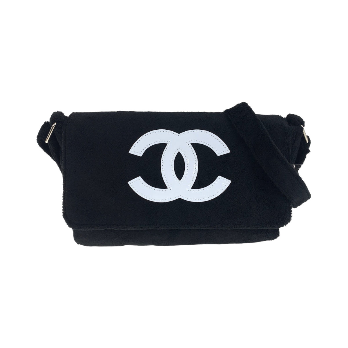 19099
CHANEL シャネル ノベルティ ココマーク ブラック 黒 ホワイト シルバー金具 パイル ショルダーバッグ ポシェット  レディース