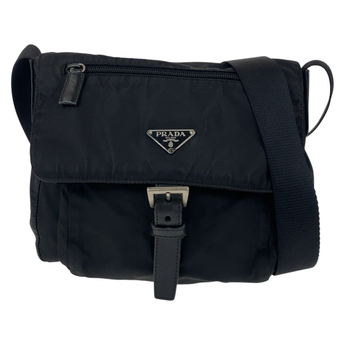 19116
PRADA プラダ テスート 三角ロゴプレート ブラック 黒 シルバー金具 ナイロン / レザー ショルダーバッグ ポシェット   レディース AB30