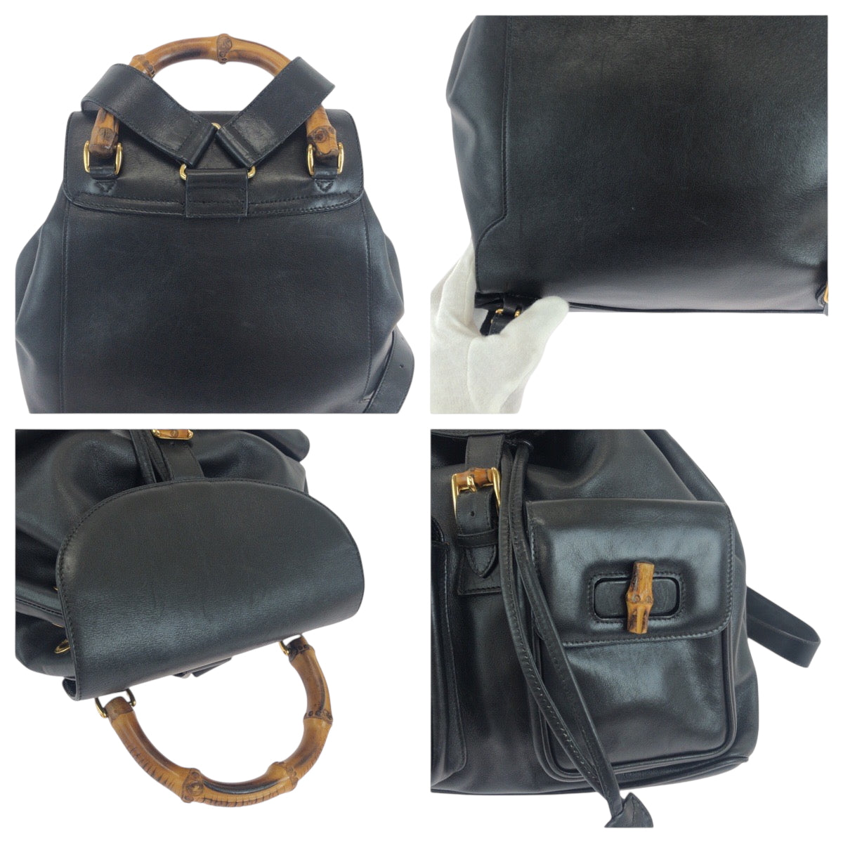19129
GUCCI Bamboo Black Gold Hardware Leather 003 1119 0016 Backpack Women's ABP43