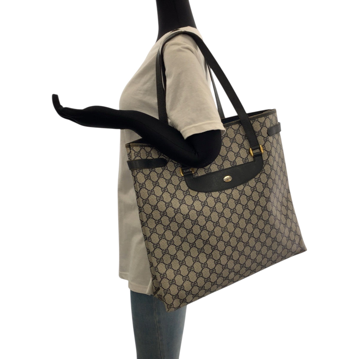 19131
GUCCI グッチ オールドグッチ グレー ネイビー ゴールド金具 GGスプリームキャンバス 39 02 061 トートバッグ ショルダーバッグ  レディース AB20