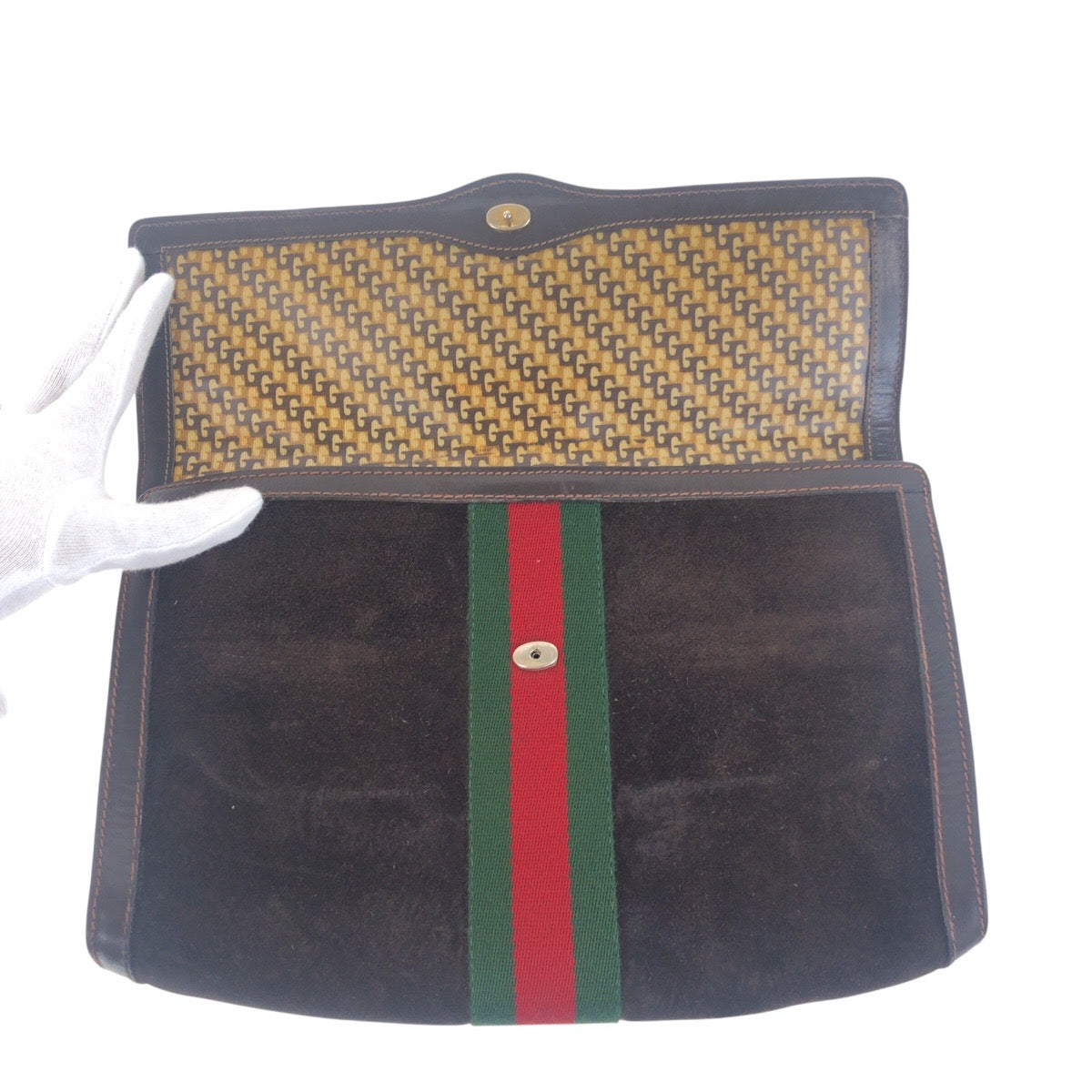 19135
GUCCI グッチ ヴィンテージ オールドグッチ シェリーライン ブラウン ゴールド金具 スウェード / レザー クラッチバッグ セカンドバッグ  メンズ AB20