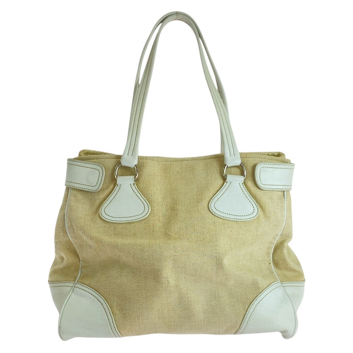 19138
PRADA プラダ 三角ロゴプレート ホワイト アイボリー キャンバス / レザー トートバッグ ショルダーバッグ  レディース AB27