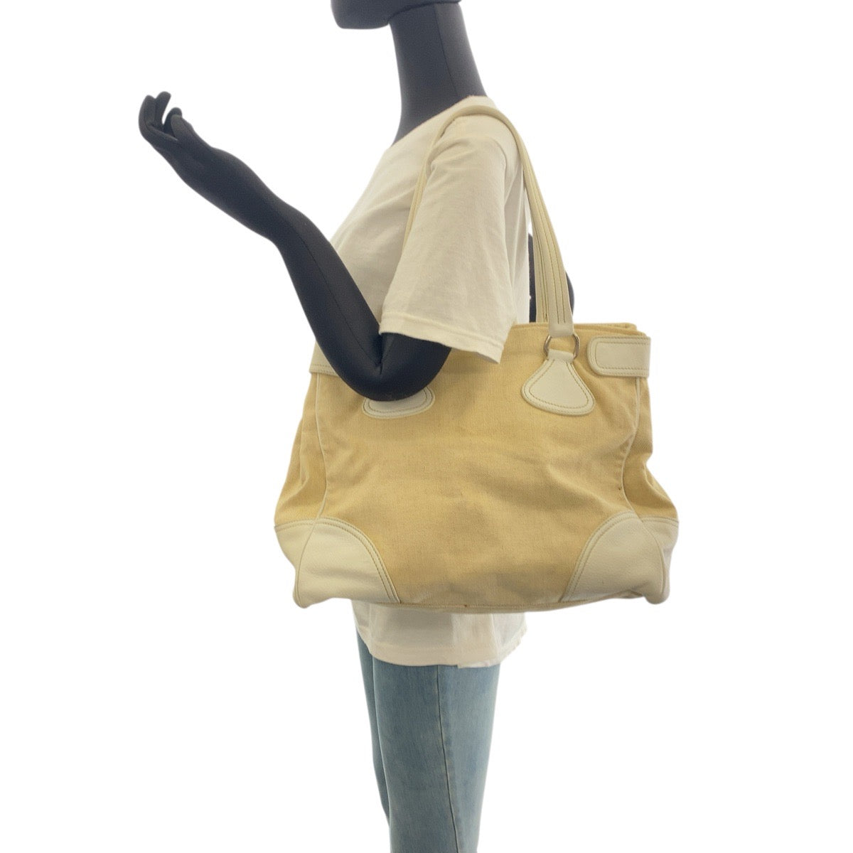 19138
PRADA プラダ 三角ロゴプレート ホワイト アイボリー キャンバス / レザー トートバッグ ショルダーバッグ  レディース AB27