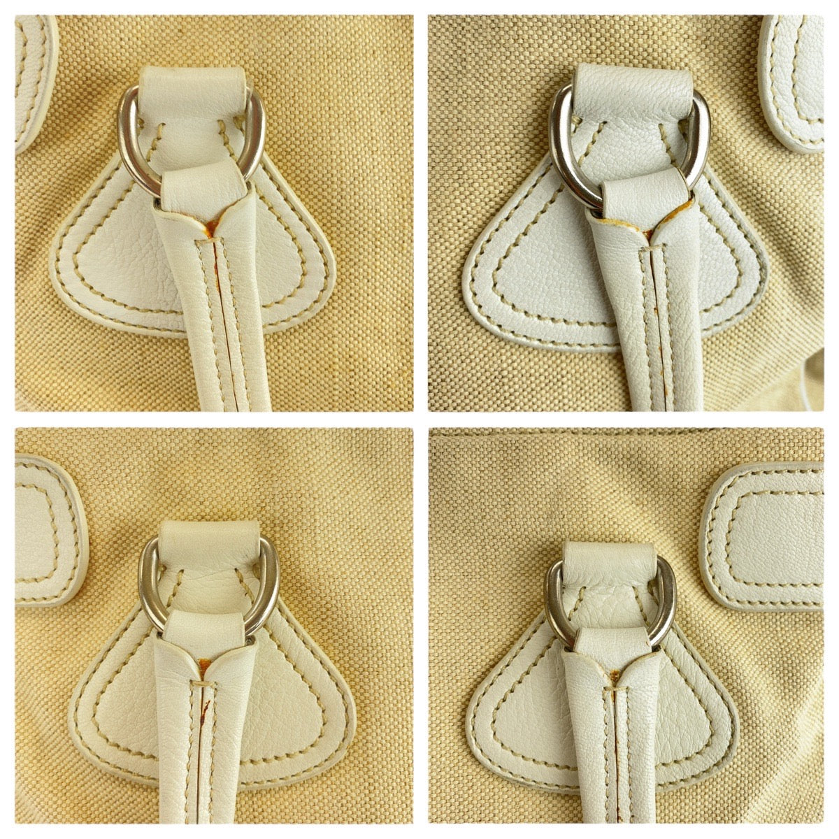 19138
PRADA プラダ 三角ロゴプレート ホワイト アイボリー キャンバス / レザー トートバッグ ショルダーバッグ  レディース AB27