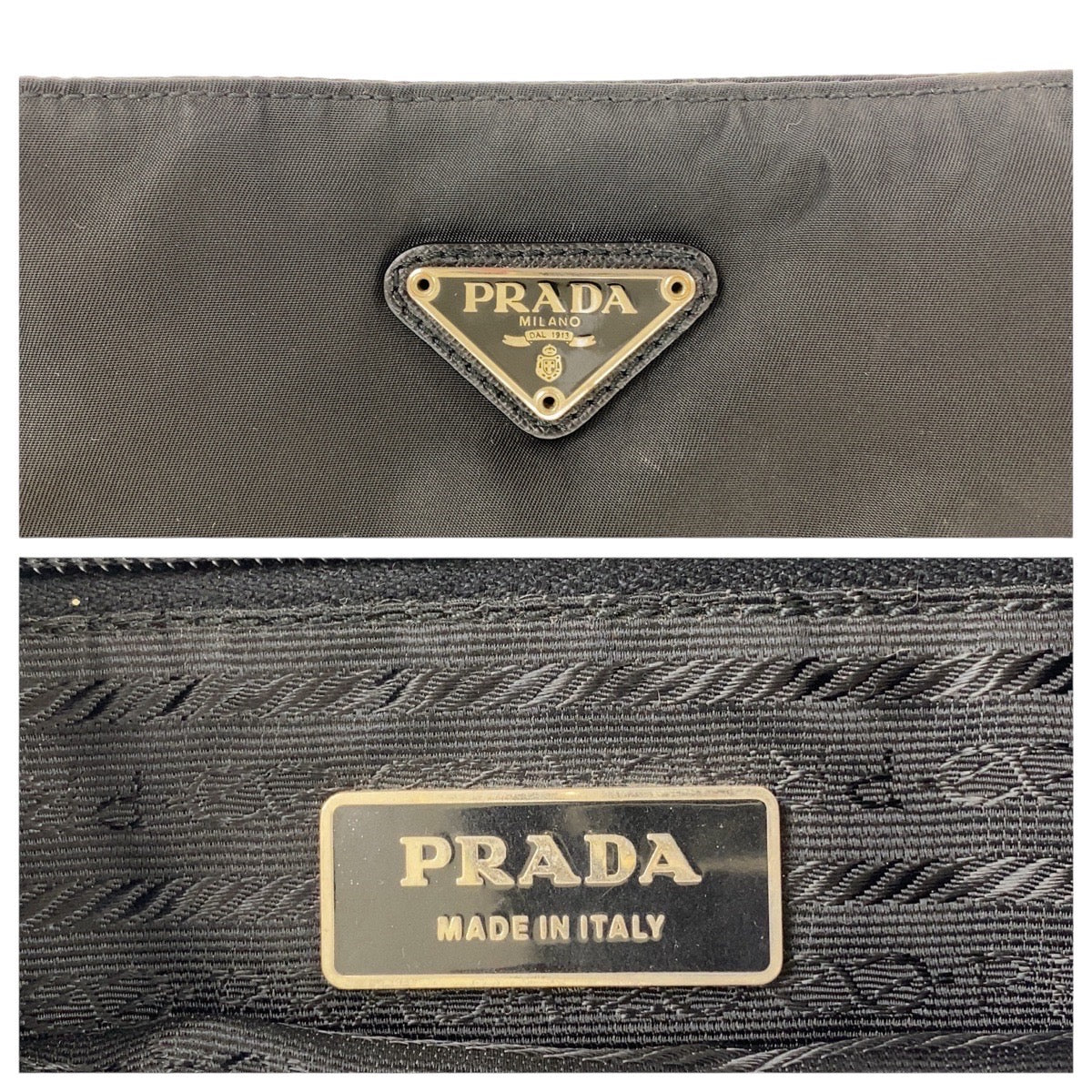 19141
PRADA プラダ テスート サフィアーノ 三角ロゴプレート ブラック 黒 シルバー金具 ナイロン / レザー ショルダーバッグ ポシェット  レディース ABP38
